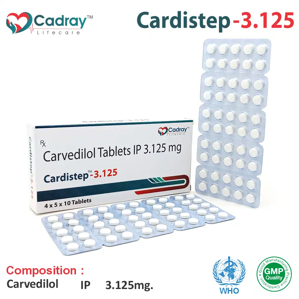 Cardistep 3.125 Tablet supports heart failure & hypertension with Carvedilol 3.125mg. WHO GMP certified, available at the best price for PCD pharma franchise & third-party manufacturing.